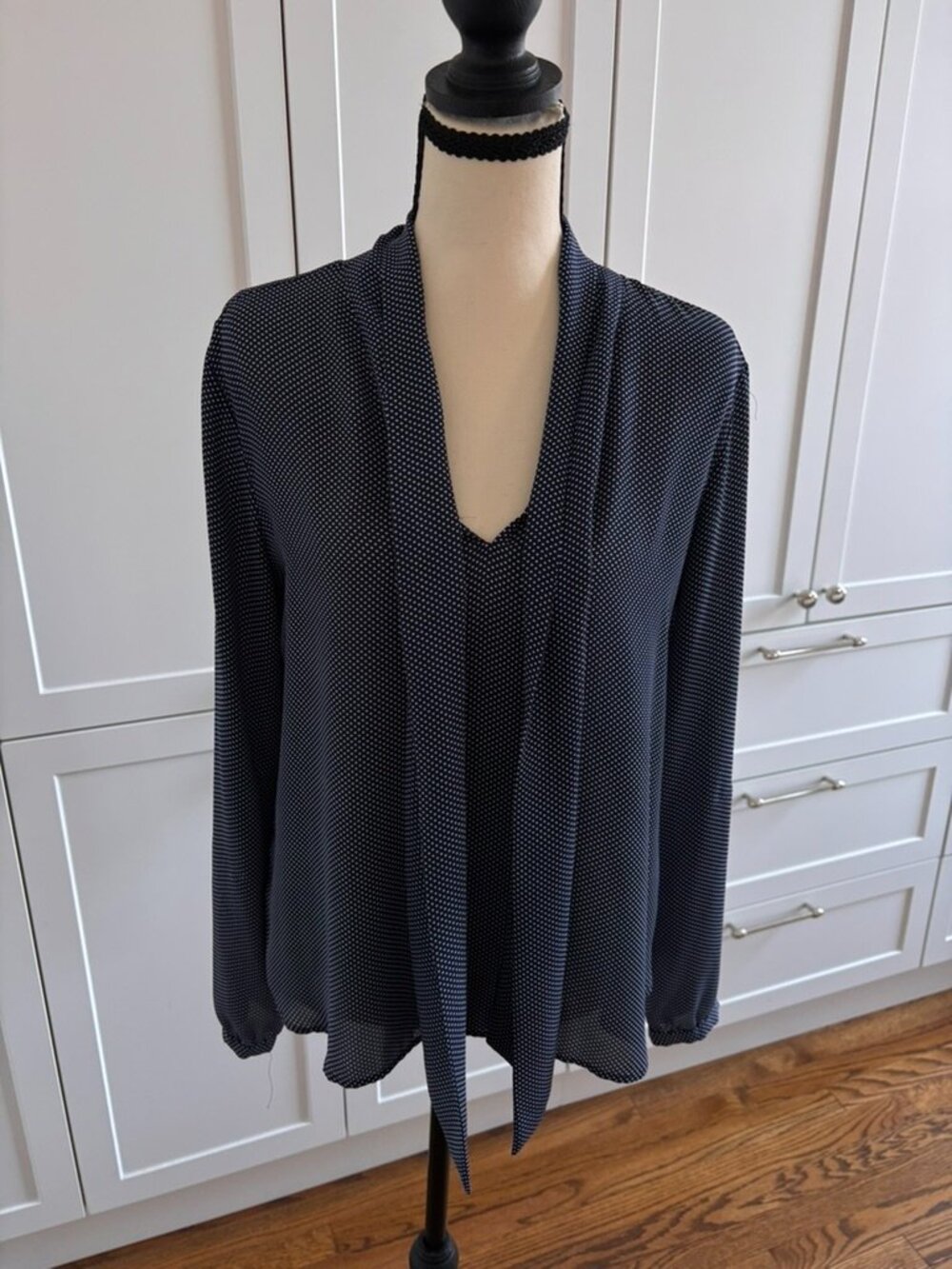 LOFT Navy Polka Dot Tie-Neck Blouse | Size S | Long Sleeve | Swing Silhouette - Picture 3 of 7